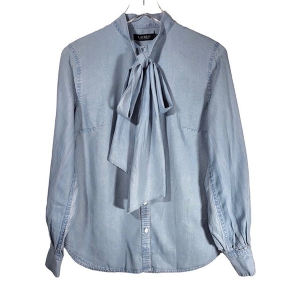 Lauren Ralph Lauren Tie Neck Button Up Blouse in Pale Blue Wash - Picture 9 of 9